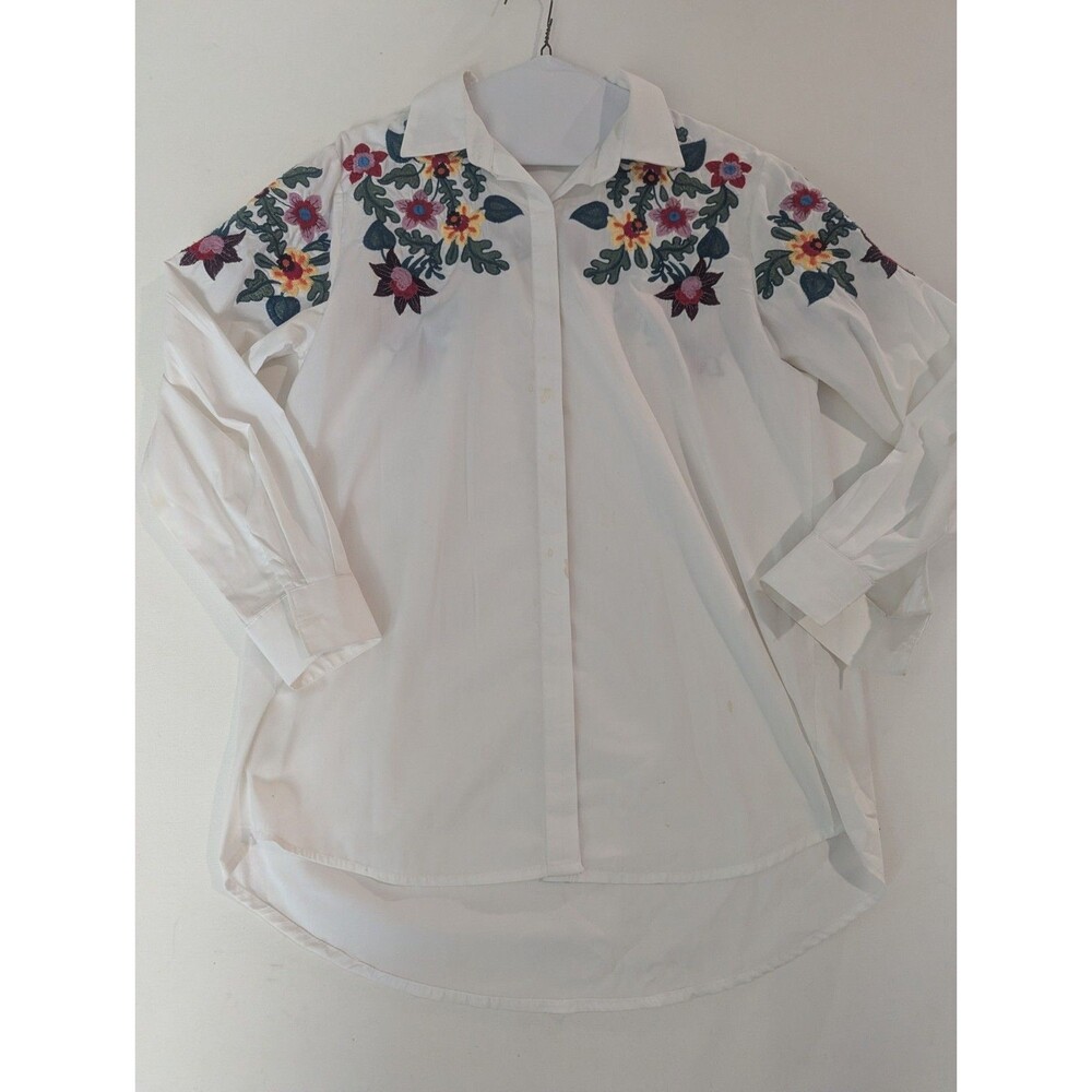 Zara Floral Embroidery Shirt white blouse lapel collar button oversize L Read
